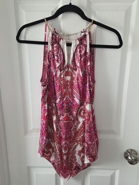 Vintage CACHE Silk Halter Top Pink Paisley Y2K Handkerchief Metal Chain